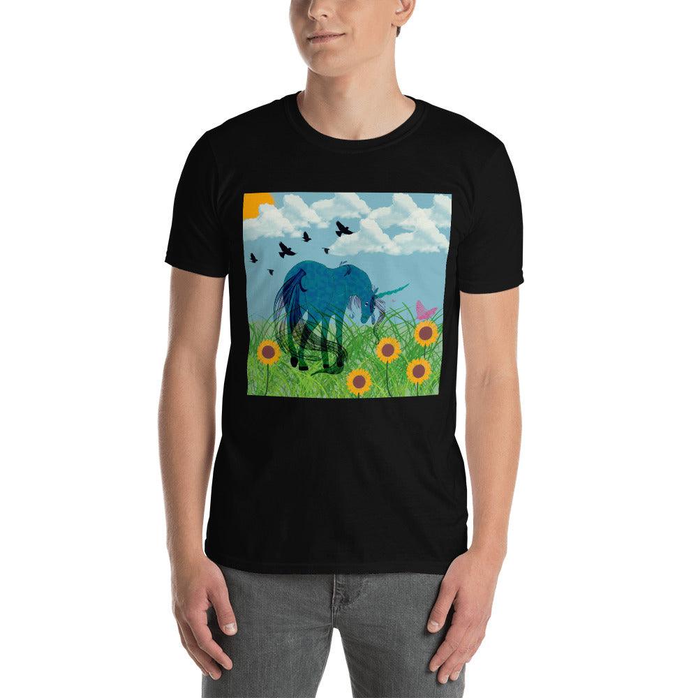 Turquoise Body Dark Cyan Horn Blue Tail Unicorn Front side Short-Sleeve Unisex T-Shirt - Mina's Planet