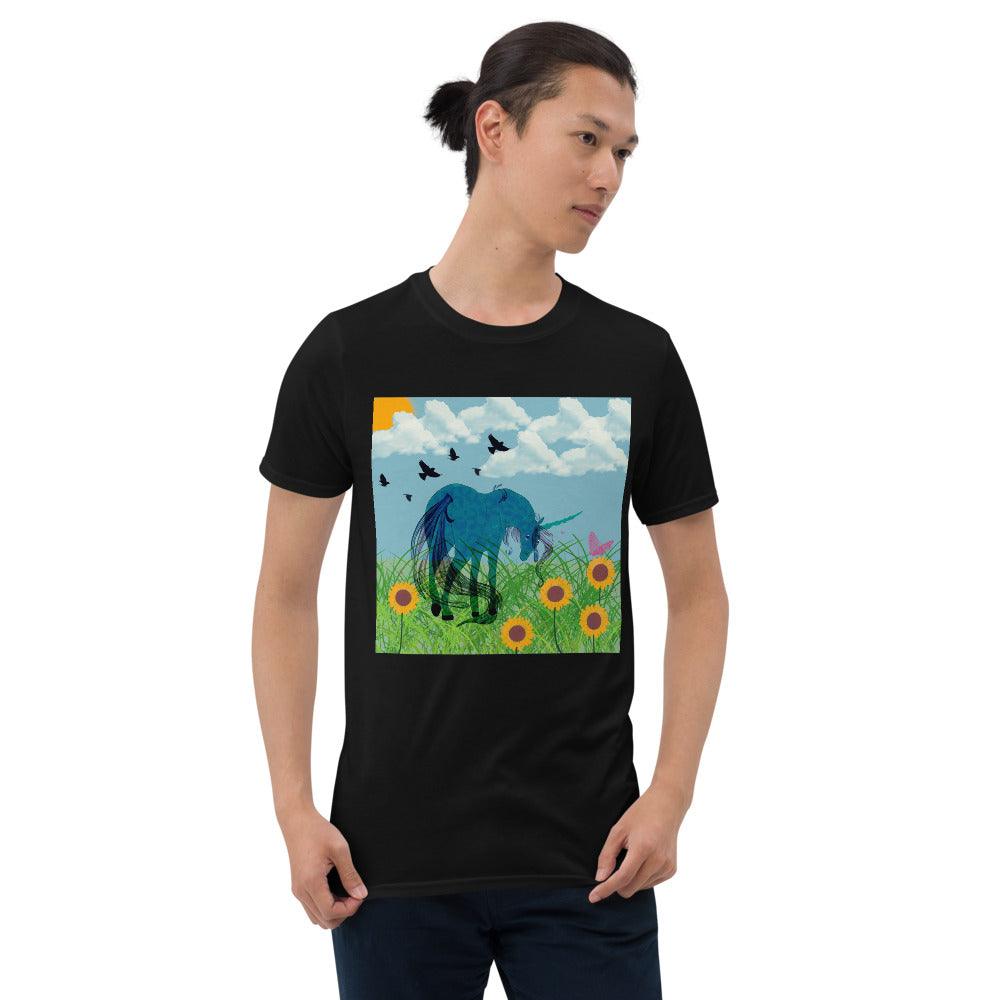 Turquoise Body Dark Cyan Horn Blue Tail Unicorn Front side Short-Sleeve Unisex T-Shirt - Mina's Planet