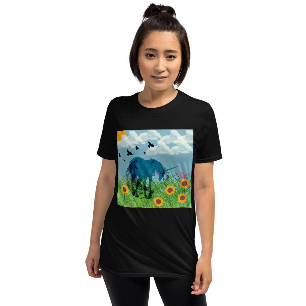 Turquoise Body Dark Cyan Horn Blue Tail Unicorn Front side Short-Sleeve Unisex T-Shirt - Mina's Planet