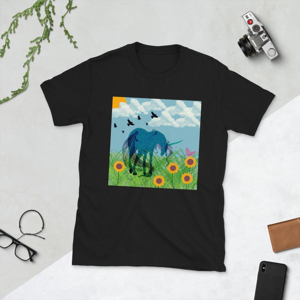 Turquoise Body Dark Cyan Horn Blue Tail Unicorn Front side Short-Sleeve Unisex T-Shirt - Mina's Planet