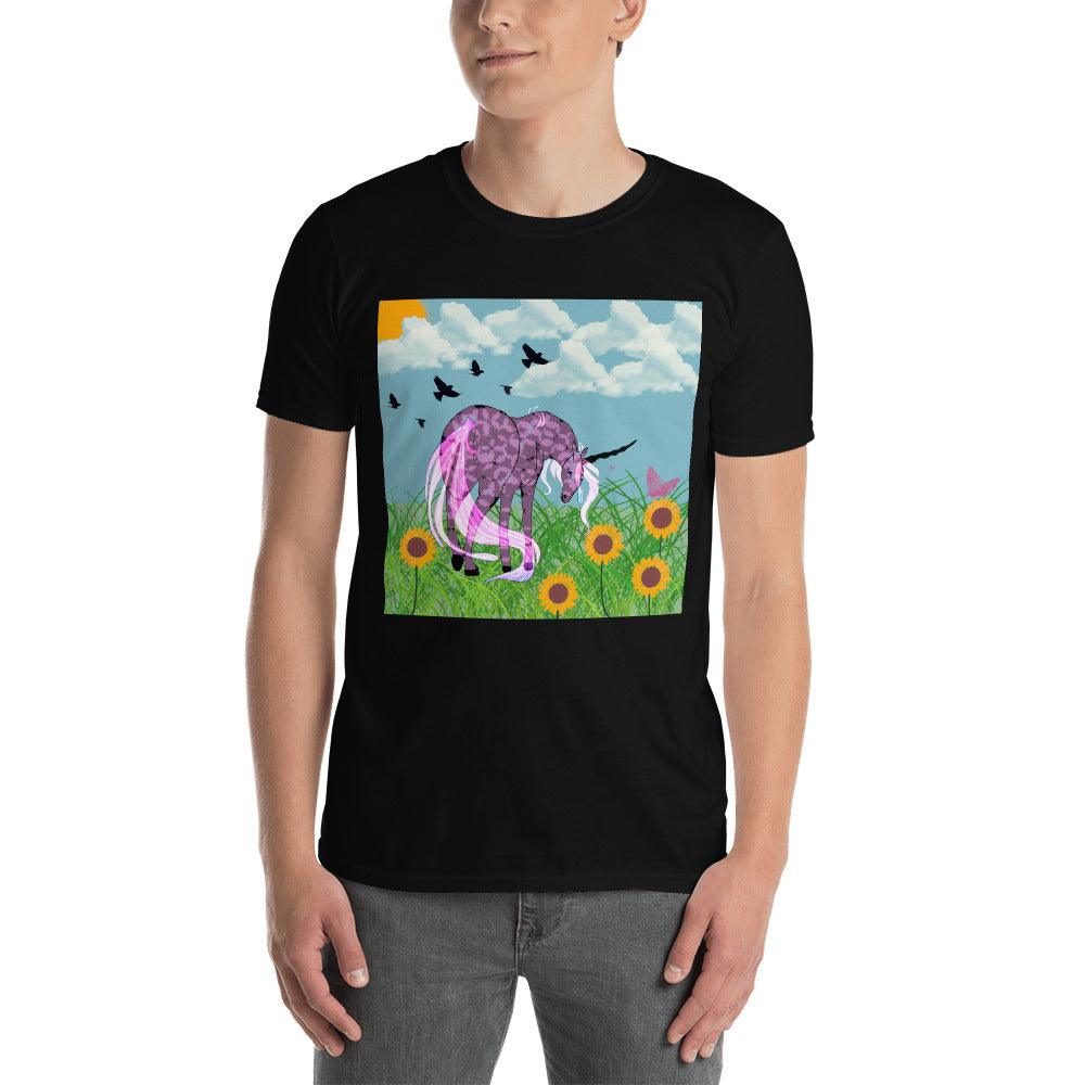 Dark Purple Body Black Horn White Tail Unicorn Front Side Short-Sleeve Unisex T-Shirt - Mina's Planet