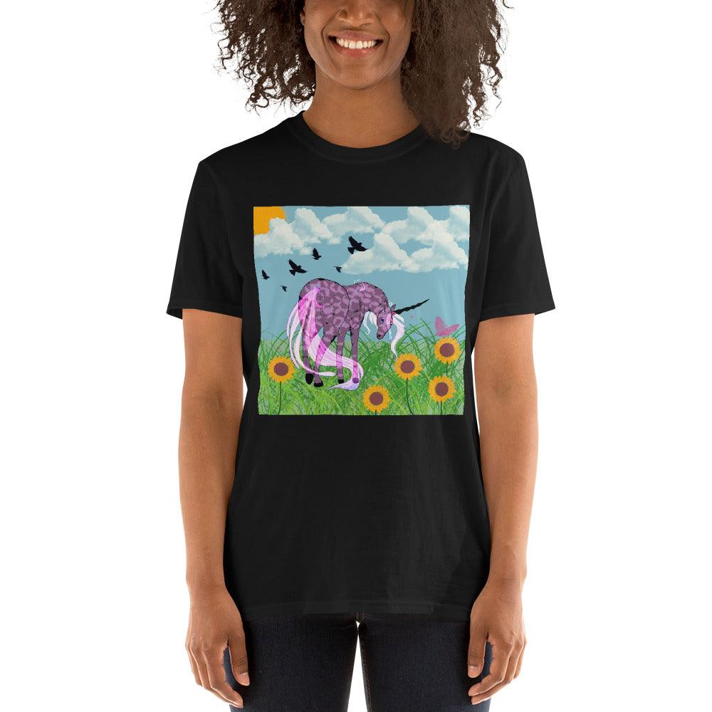 Dark Purple Body Black Horn White Tail Unicorn Front Side Short-Sleeve Unisex T-Shirt - Mina's Planet