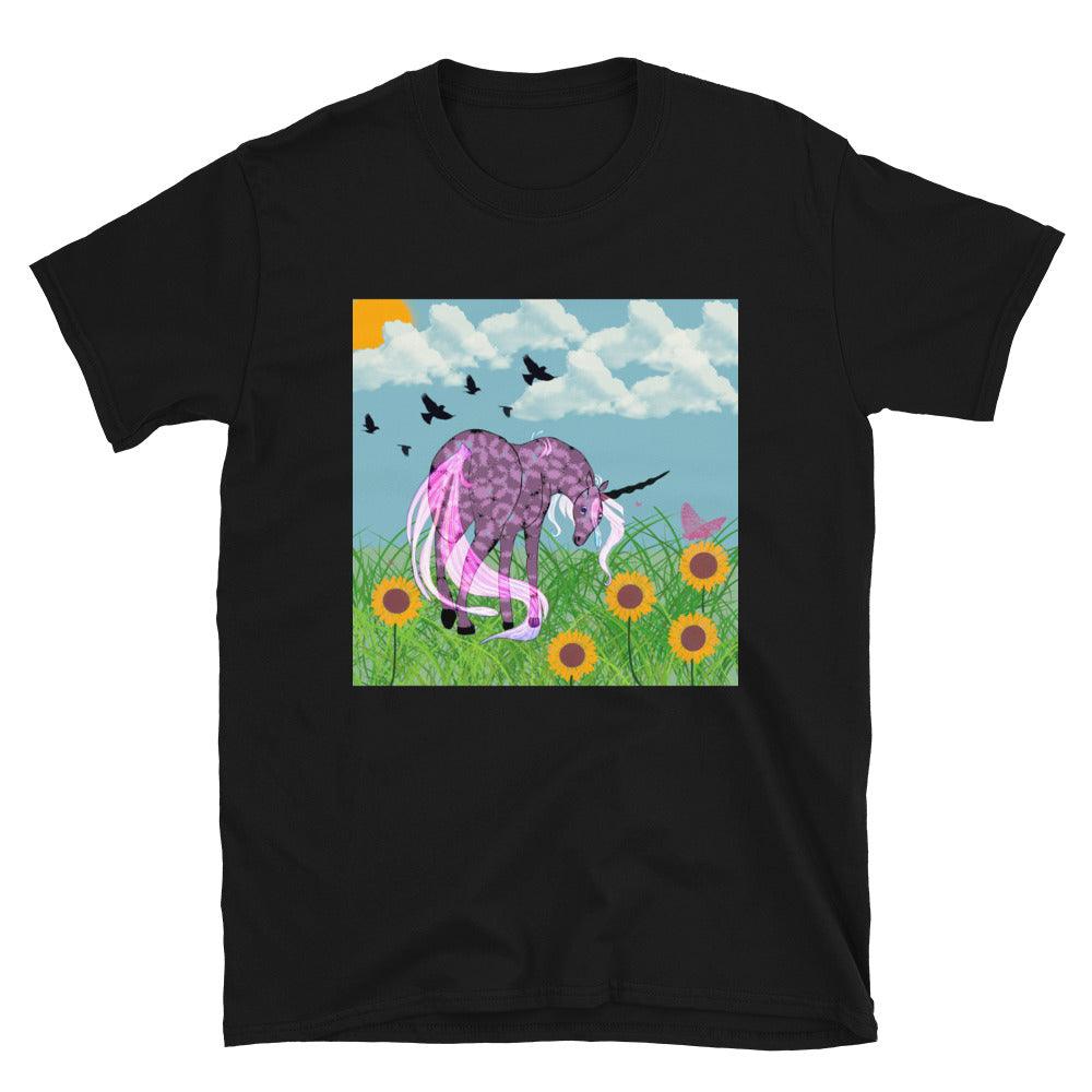 Dark Purple Body Black Horn White Tail Unicorn Front Side Short-Sleeve Unisex T-Shirt - Mina's Planet