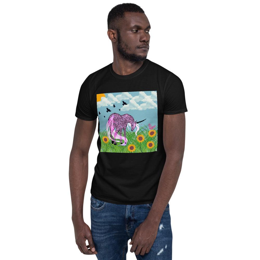 Dark Purple Body Black Horn White Tail Unicorn Front Side Short-Sleeve Unisex T-Shirt - Mina's Planet