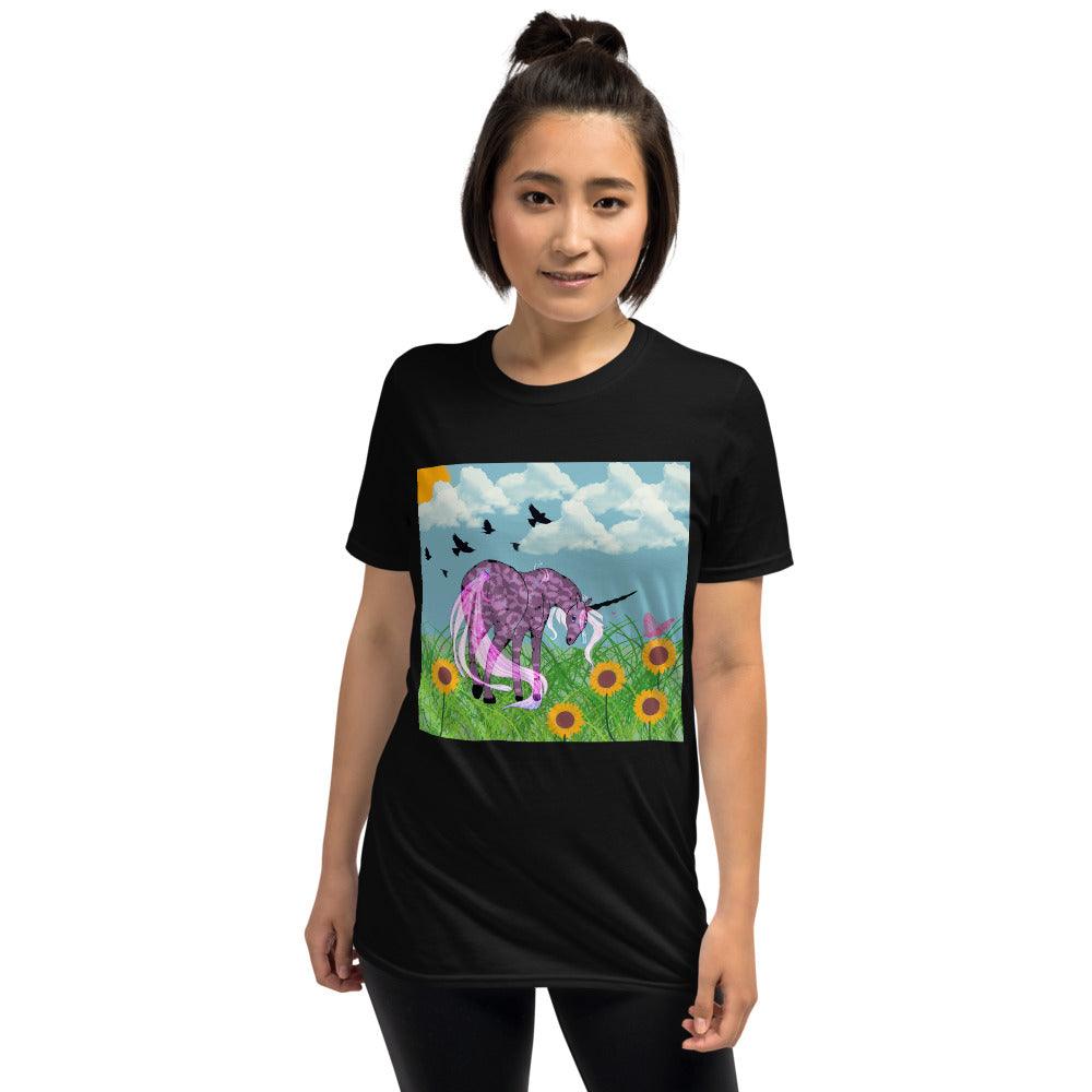 Dark Purple Body Black Horn White Tail Unicorn Front Side Short-Sleeve Unisex T-Shirt - Mina's Planet