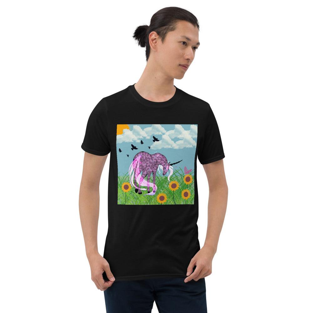 Dark Purple Body Black Horn White Tail Unicorn Front Side Short-Sleeve Unisex T-Shirt - Mina's Planet