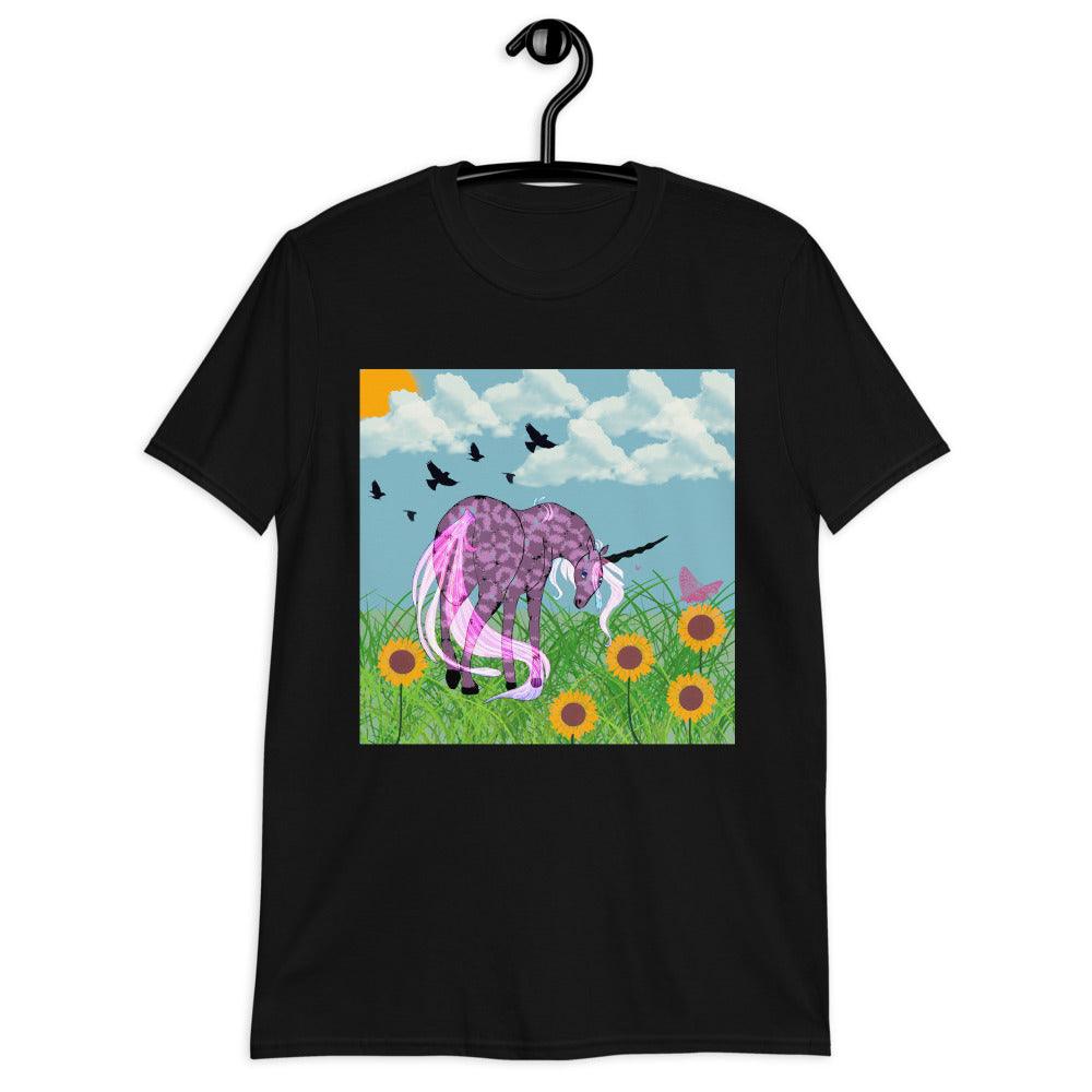 Dark Purple Body Black Horn White Tail Unicorn Front Side Short-Sleeve Unisex T-Shirt - Mina's Planet