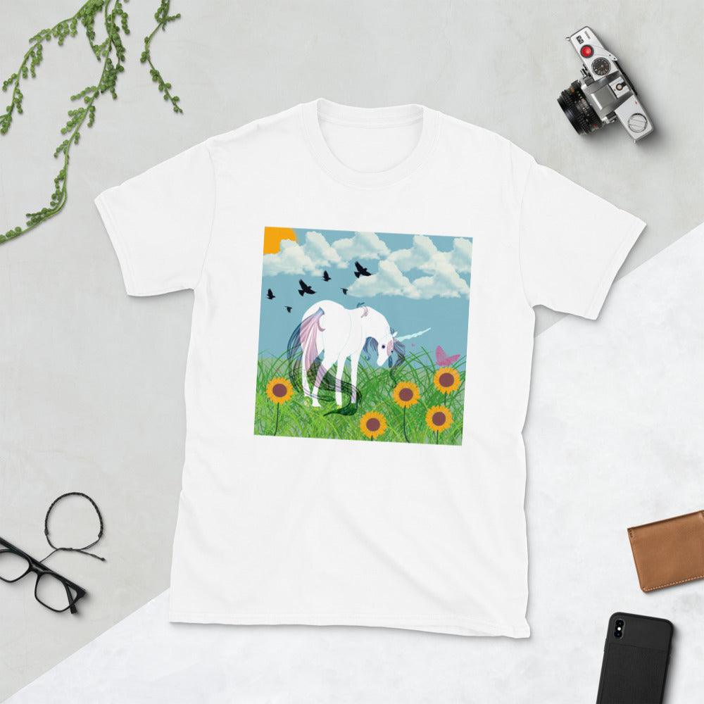 White BODY White Horn Light purple Tail Unicorn Front side Short-Sleeve Unisex T-Shirt - Mina's Planet